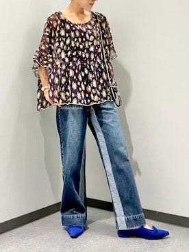 「Q（キュー）のQgirlワイドデニムインライン（デニムパンツ、ブルー系）」を使った、Q♥Officialさん（レディース・151cm）の夏コーディネート