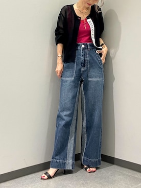 「Q（キュー）のQgirlワイドデニムインライン（デニムパンツ、ブルー系）」を使った、Q♥Officialさん（レディース・151cm）の夏コーディネート