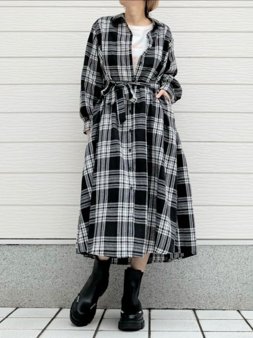 セール】チェックAラインシャツワンピース（シャツワンピース）｜Q