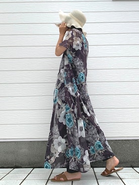 「フラワープリント」｜「アイテム（帽子）」を使った、Q♥Officialさん（レディース・155cm）の夏コーディネート