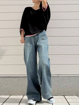 「Q（キュー）のアイテム（パンツ）」を使った、Q♥Officialさん（レディース・155cm）の春コーディネート