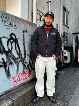 「ペインターパンツ」｜「アイテム（ミリタリージャケット）」を使った、Yoshi Yamaさん（メンズ・174cm）の冬コーディネート