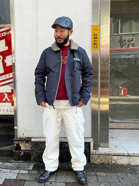 「ペインターパンツ」｜「アイテム（ミリタリージャケット）」を使った、Yoshi Yamaさん（メンズ・174cm）の冬コーディネート