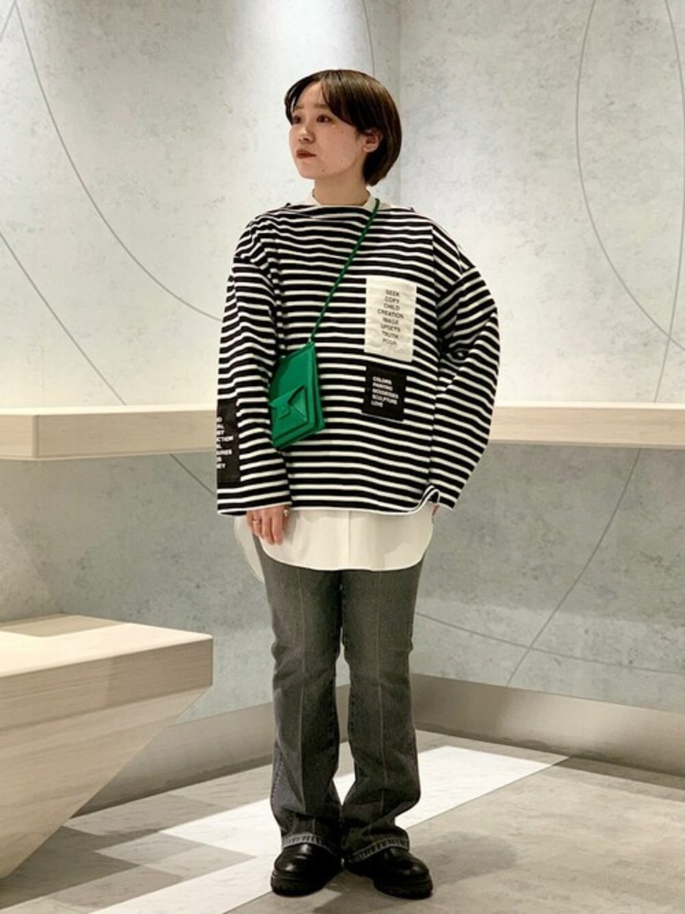 「SHIPS、Wrangler、SHIPS for women、JANESMITH、SOMELOS、add culumn」｜「SHIPSのJANE SMITH:MARINE BDR BOATNECK（Tシャツ/カットソー、グリーン系）」を使った、下村さん（レディース・154cm）の冬コーディネートの1枚目の写真