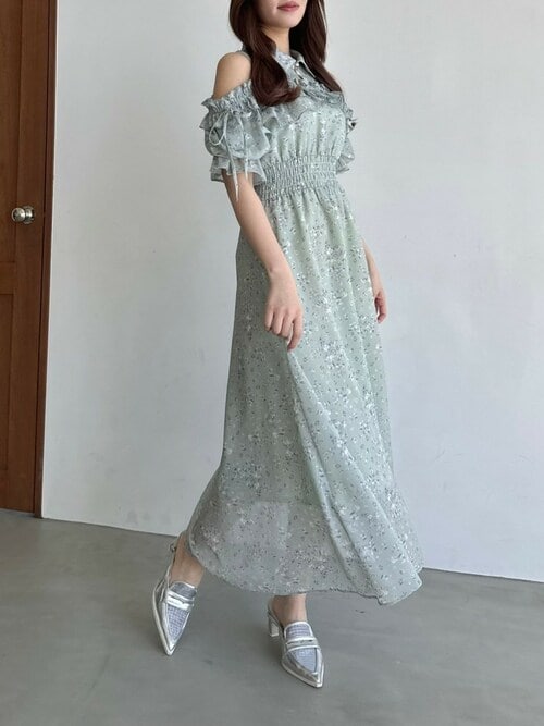 ◆関税送料込◆タフタ ミニワンピース ストラップレスフローラル 2WAYショルダーフラワーラッフルワンピース（ワンピース