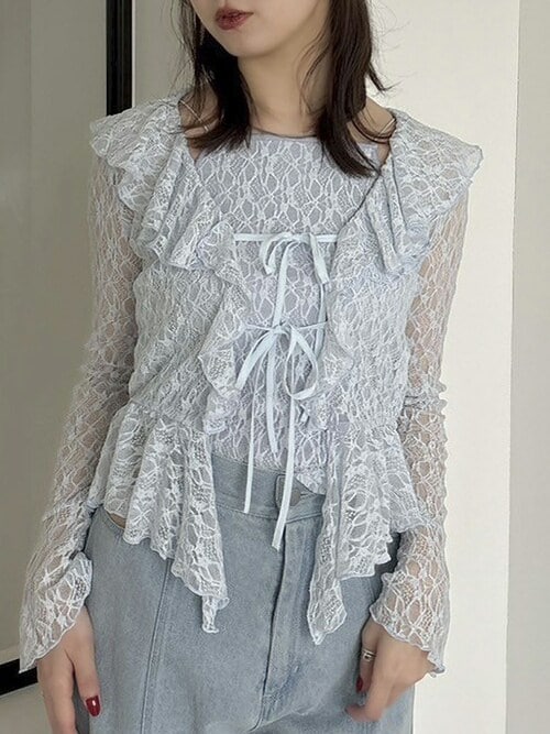 【SALE】　dazzlin　ラッフルヘムレースアンサンブル　0225327005 セール】ラッフルヘムレースアンサンブル（Tシャツ/カットソー