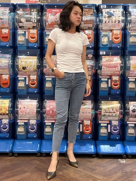 「no brand（ノーブランド）のアイテム（Tシャツ/カットソー、ホワイト系）」を使った、Yun Han Chenさん（レディース・163cm）の秋コーディネート