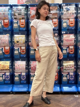 「no brand（ノーブランド）のアイテム（Tシャツ/カットソー、ホワイト系）」を使った、Yun Han Chenさん（レディース・163cm）の夏コーディネート