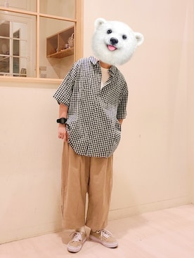 「Samansa Mos2（サマンサ モスモス）のぽこぽこギンガムチェックシャツ（シャツ/ブラウス、グリーン系）」を使った、こばみさん（レディース・148cm）の春コーディネート