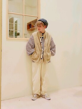 「Samansa Mos2（サマンサ モスモス）の35thリバーシブルボアベスト（ベスト、ベージュ系）」を使った、こばみさん（レディース・148cm）の秋コーディネート