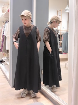 「Samansa Mos2（サマンサ モスモス）のボーダー/花プリント半袖Tシャツ（Tシャツ/カットソー、ブラウン系）」を使った、こばみさん（レディース・148cm）の夏コーディネート