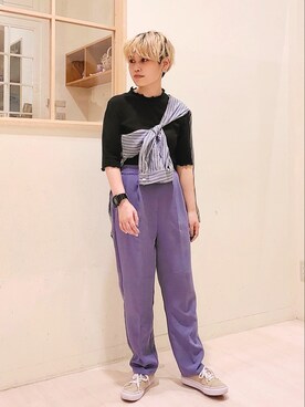 「Samansa Mos2 blue（サマンサモスモスブルー）の【接触冷感】マルチスタイルシャツ（シャツ/ブラウス、ブルー系）」を使った、こばみさん（レディース・148cm）の春コーディネート