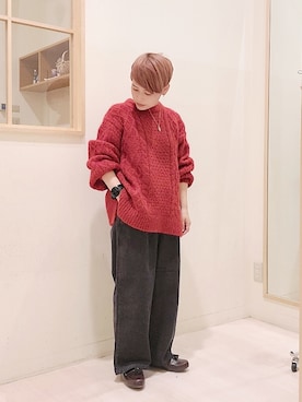 「Samansa Mos2（サマンサ モスモス）のアルパカ混ケーブル柄ニット（ニット/セーター、レッド系）」を使った、こばみさん（レディース・148cm）の冬コーディネート