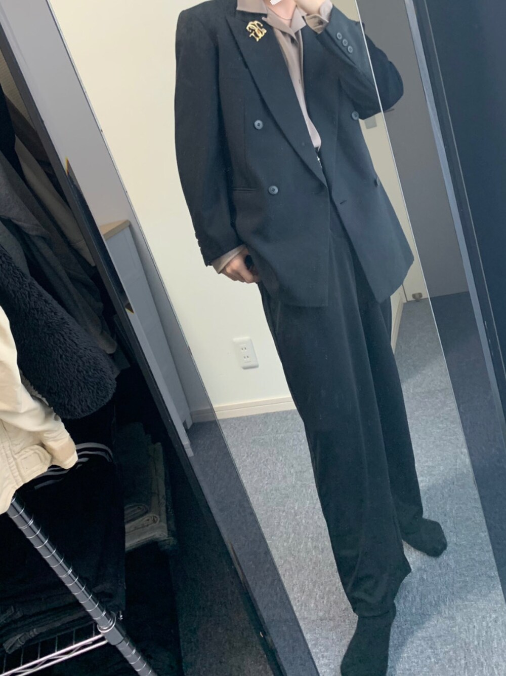 「セットアップ、ootd、outfit、おしゃれさんと繋がりたい、いいね、save、フォローお願いします🤑、未来のWEARISTAプロジェクト」｜「古着のアイテム（テーラードジャケット、ブラック系）」を使った、atsuooo__さん（メンズ・170cm）の秋コーディネートの1枚目の写真