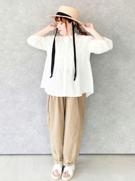 「Libra Cue（リブラ キュー）のアイテム（帽子）」を使った、𝕄 𝕚 𝕚❁さん（レディース・157cm）の夏コーディネート