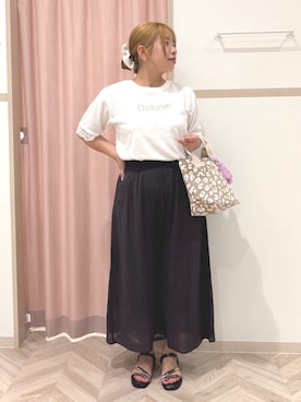 「SHOO・LA・RUE（シューラルー）の【ひんやり/UV/S-LL】柄アソート お袖レースTシャツ（Tシャツ/カットソー、ホワイト系）」を使った、まちゃんなちゃんさん（レディース・158cm）の夏コーディネート