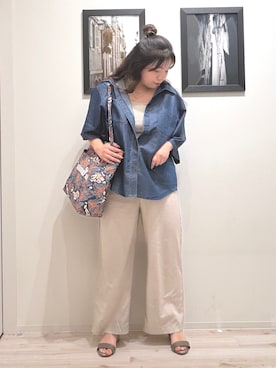「SHOO・LA・RUE（シューラルー）の【セットアップ可/S-LL】ライトオンスデニム 5分袖シャツ（シャツ/ブラウス、ブルー系）」を使った、まちゃんなちゃんさん（レディース・158cm）の夏コーディネート