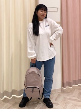 「アイテム（バックパック/リュック、ピンク系）」を使った、まちゃんなちゃんさん（レディース・158cm）の秋コーディネート