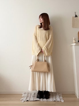「OLUN（オルン）のsoft touch flared skirt/ソフトタッチフレアスカート（スカート、ホワイト系）」を使った、ゆめかさん（レディース・154cm）の夏コーディネート