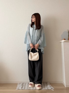 「ワイドパンツ」｜「アイテム（ブルー系）」を使った、ゆめかさん（レディース・154cm）の夏コーディネート
