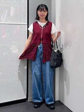 「LAKOLE（ラコレ）のダブルウエストデニムパンツ / 1017693（デニムパンツ、ブルー系）」を使った、うえさん（レディース・153cm）の夏コーディネート