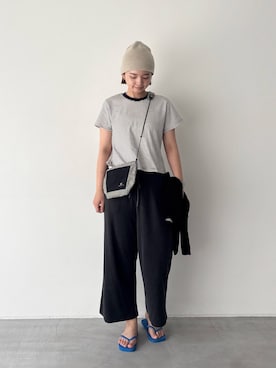 「CANAL JEAN（キャナルジーン）のEl mar　リブニットビーニー（ニットキャップ/ビーニー、ベージュ系）」を使った、yuaさん（レディース・163cm）の夏コーディネート