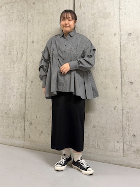 「KBF（ケイビーエフ）のランダムタックチェックシャツ（シャツ/ブラウス、グレー系）」を使った、sakaiさん（レディース・158cm）の秋コーディネート