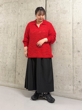 「KBF（ケイビーエフ）のスラブヤーンキーネックルーズニット（ニット/セーター、レッド系）」を使った、sakaiさん（レディース・158cm）の秋コーディネート