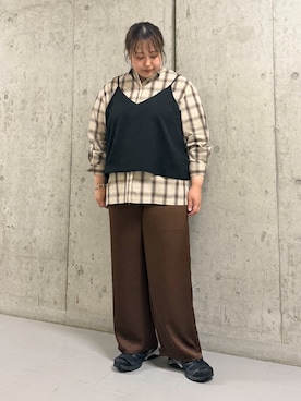 「KBF（ケイビーエフ）のビスチェSETチェックシャツ（シャツ/ブラウス、ベージュ系）」を使った、sakaiさん（レディース・158cm）の夏コーディネート