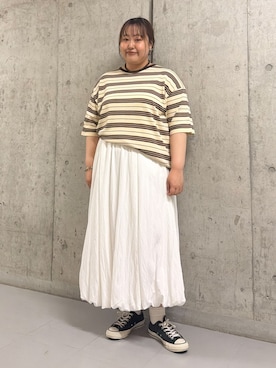 「KBF（ケイビーエフ）のBIGボーダーニット（ニット/セーター、イエロー系）」を使った、sakaiさん（レディース・158cm）の春コーディネート