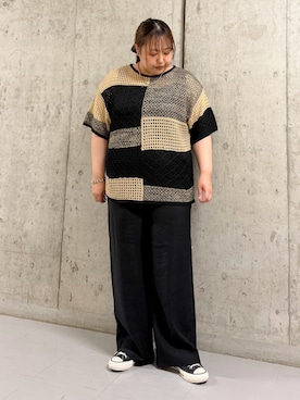 「KBF（ケイビーエフ）のパッチワークルーズニット（ニット/セーター、ベージュ系）」を使った、sakaiさん（レディース・158cm）の夏コーディネート