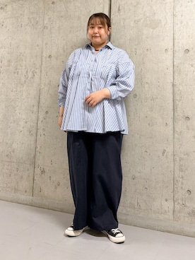 「KBF（ケイビーエフ）のWIDEタックストライプチュニック（チュニック、ブルー系）」を使った、sakaiさん（レディース・158cm）の夏コーディネート