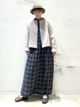 「チェックワンピース」｜「アイテム（ノーカラージャケット）」を使った、マユ﻿﻿ネーズさん（レディース・151cm）の秋コーディネート