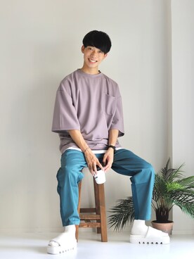 「ETELIO（エテリオ）の【2点セット】梨地ポケット付きクルービッグTシャツ＆ロングタンクトップアンサンブルセット（Tシャツ/カットソー）」を使った、KOHさん（メンズ・175cm）の夏コーディネート