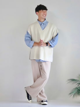 「アイテム（ベスト、ホワイト系）」を使った、KOHさん（メンズ・175cm）の秋コーディネート