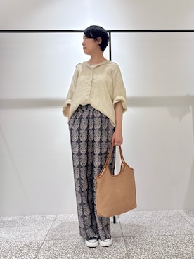 「collex（コレックス）の2WAYペーパーライクトート&ショルダーバッグ（かごバッグ、イエロー系）」を使った、fukuさん（レディース・166cm）の夏コーディネート