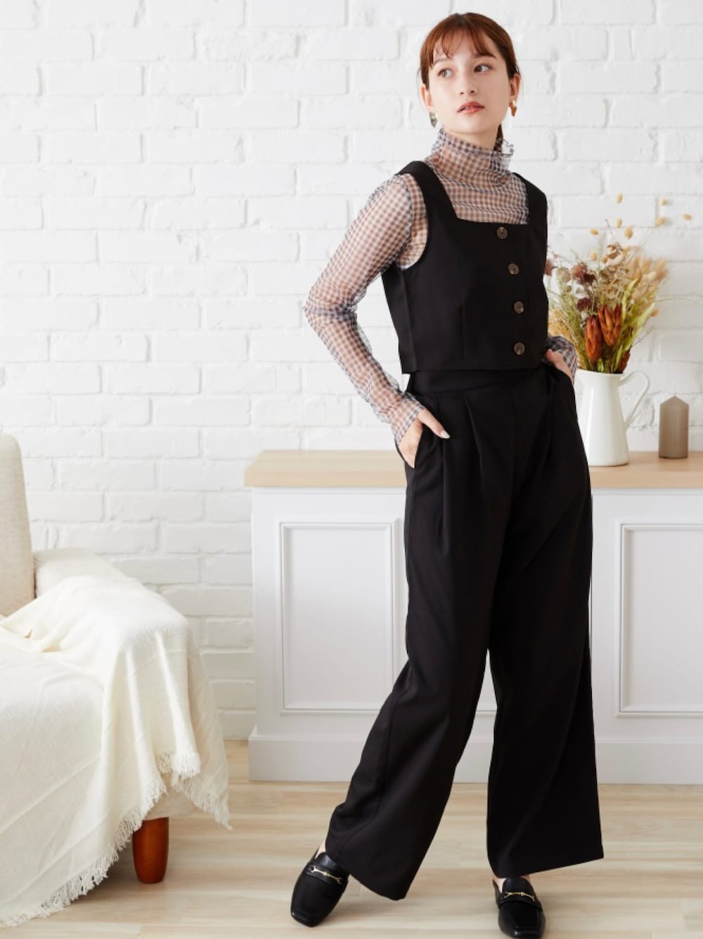 チェッカーメッシュトップス、アジャスタブルパンツ　セットアップ　L 1662302790_1000.jpg