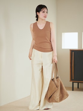 「plage（プラージュ）のLinen Mix Wide パンツ（その他パンツ、ホワイト系）」を使った、risaさん（レディース・156cm）の夏コーディネート
