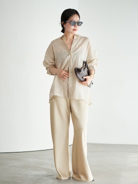 「plage（プラージュ）のSatin Bias Relax パンツ（その他パンツ、ベージュ系）」を使った、risaさん（レディース・156cm）の夏コーディネート