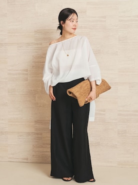 「plage（プラージュ）のLinen Mix Wide パンツ（その他パンツ、ブラック系）」を使った、risaさん（レディース・156cm）の夏コーディネート