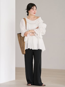 「plage（プラージュ）の《追加》Bias Relax パンツ 11（その他パンツ、ブラック系）」を使った、risaさん（レディース・156cm）の夏コーディネート