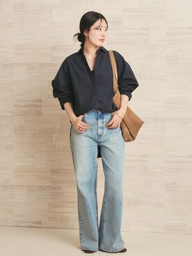 「plage（プラージュ）のvintage like デニムパンツ（デニムパンツ、ブルー系）」を使った、risaさん（レディース・156cm）の春コーディネート