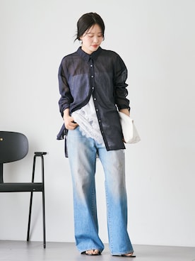 「plage（プラージュ）のJOHNBULL / ジョンブル 別注 FLARE デニム（デニムパンツ、ブルー系）」を使った、risaさん（レディース・156cm）の夏コーディネート