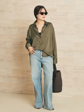 「plage（プラージュ）のvintage like デニムパンツ（デニムパンツ、ブルー系）」を使った、risaさん（レディース・156cm）の春コーディネート
