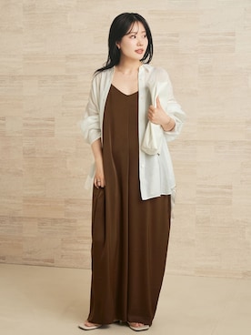 「plage（プラージュ）のdull satin パンツドレス（つなぎ/オールインワン、ブラウン系）」を使った、risaさん（レディース・156cm）の夏コーディネート