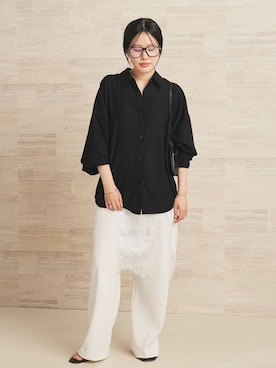 「plage（プラージュ）のDolman Wrap シャツ（シャツ/ブラウス、ブラック系）」を使った、risaさん（レディース・156cm）の春コーディネート