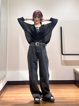 「ITEMS URBANRESEARCH（アイテムズ アーバンリサーチ）のメッシュ半袖カーディガン（ニット/セーター、ブラック系）」を使った、とももももさん（レディース・157cm）の夏コーディネート