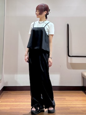 「ITEMS URBANRESEARCH（アイテムズ アーバンリサーチ）のインナー付きリネンライクセットアップ（セットアップ、ブラック系）」を使った、とももももさん（レディース・157cm）の夏コーディネート