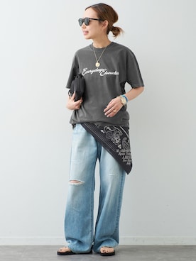 「Johnbull（ジョンブル）の【JOHNBULL/ジョンブル】WIDE PANTS（デニムパンツ、ブルー系）」を使った、MIOさん（レディース・149cm）の夏コーディネート
