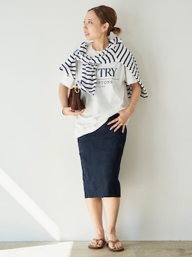 「ROYAL MER（ロワイヤルメール）の【ROYAL MER/ロワイヤル メール】STRIPED BASQUESHIRT（Tシャツ/カットソー、ブルー系）」を使った、MIOさん（レディース・149cm）の春コーディネート